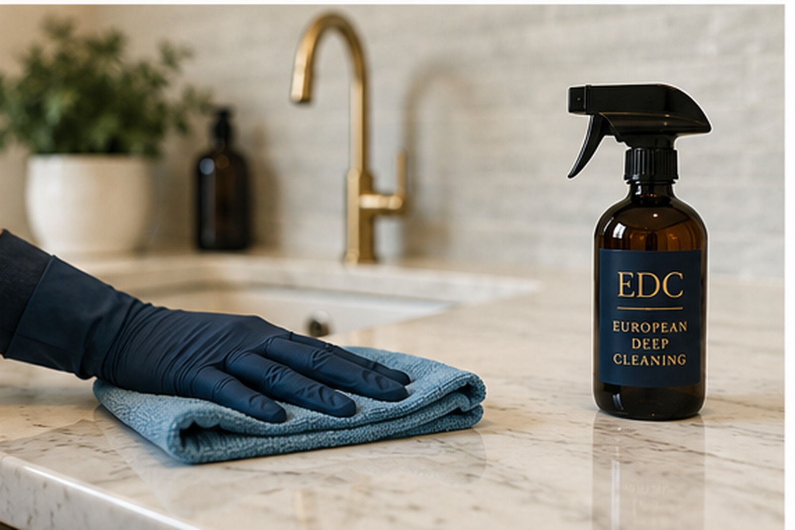 Detailed cleaning of a polished kitchen countertop